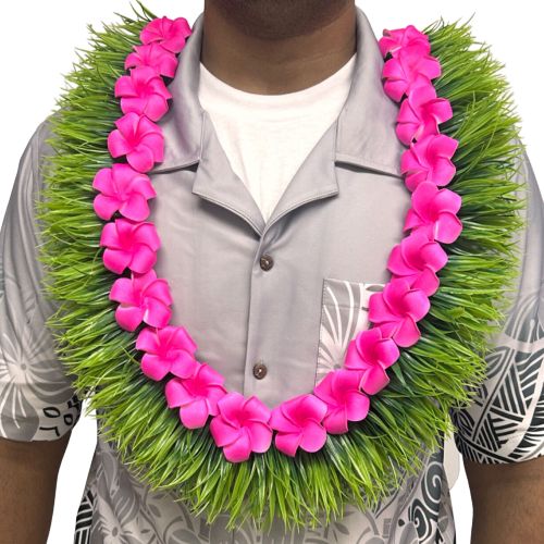 Green Grass Lei with pink Flower