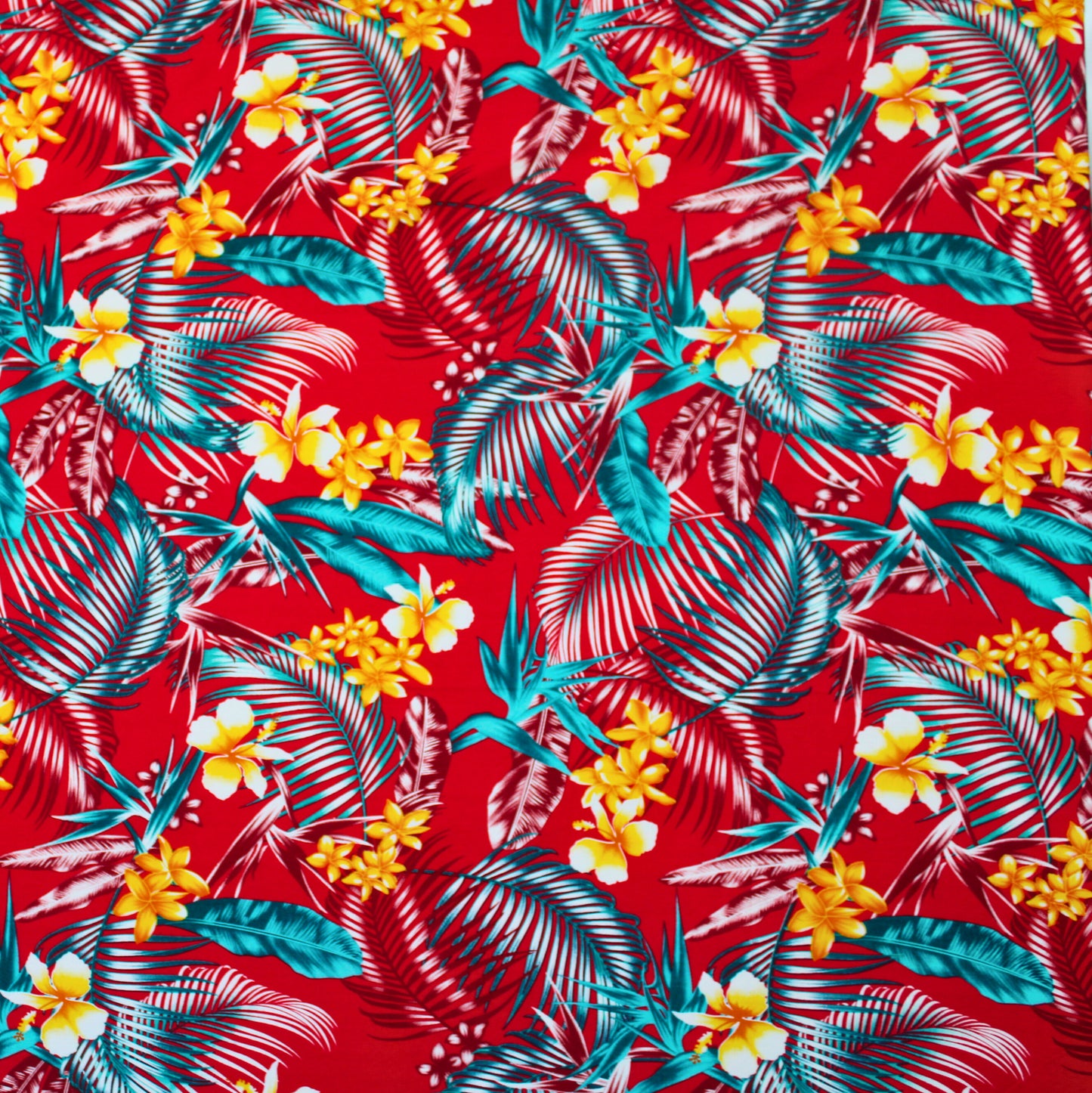 Samoan Rayon Print Fabric - Samoan Design Seamless Pattern (Teal and Yellow on Red ) 44"x36"