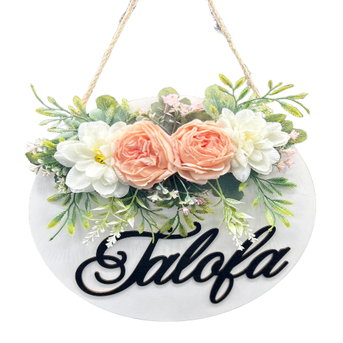 "Talofa" Door Hanger - White Painted wood with orange & white flower design