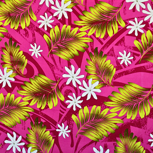 Samoan Rayon Print Fabric- Tropical Leaves and Flowers on Pink( 44x36))