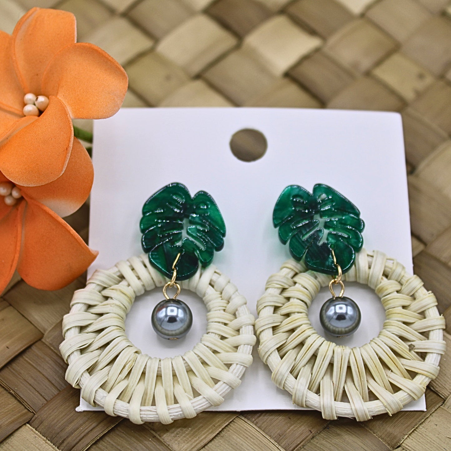 Woven Rattan Earrings with Green Abalone Shell Leaf and Gray Pearl-Authentic Samoan/Polynesian Earrings