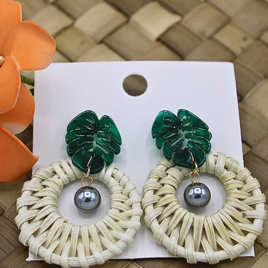 Woven Rattan Earrings with Green Abalone Shell Leaf and Gray Pearl-Authentic Samoan/Polynesian Earrings