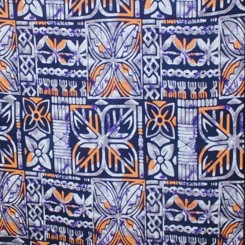 Samoan Design Dobby Cotton Print fabric; Navy Blue, white & Gray; Size: 46"x44"