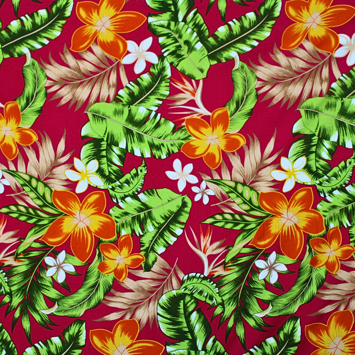 Samoan Rayon Print Fabrics - Tropical Seamless Pattern with Leaves and Flowers on Hot Pink (44"x36")