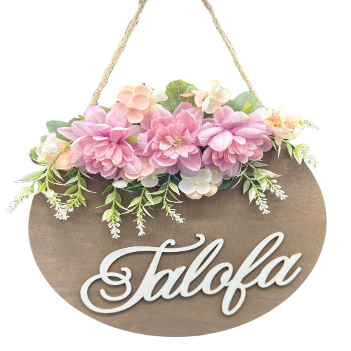 "Talofa" Door Hanger - Wood with pink & orange flower design