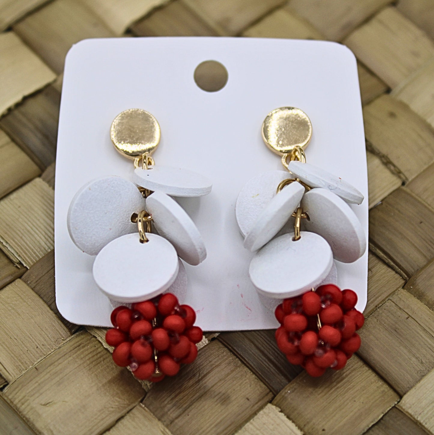 Round White Ethnic Style Earrings with Red Beads-Authentic Samoan/Polynesian Earrings