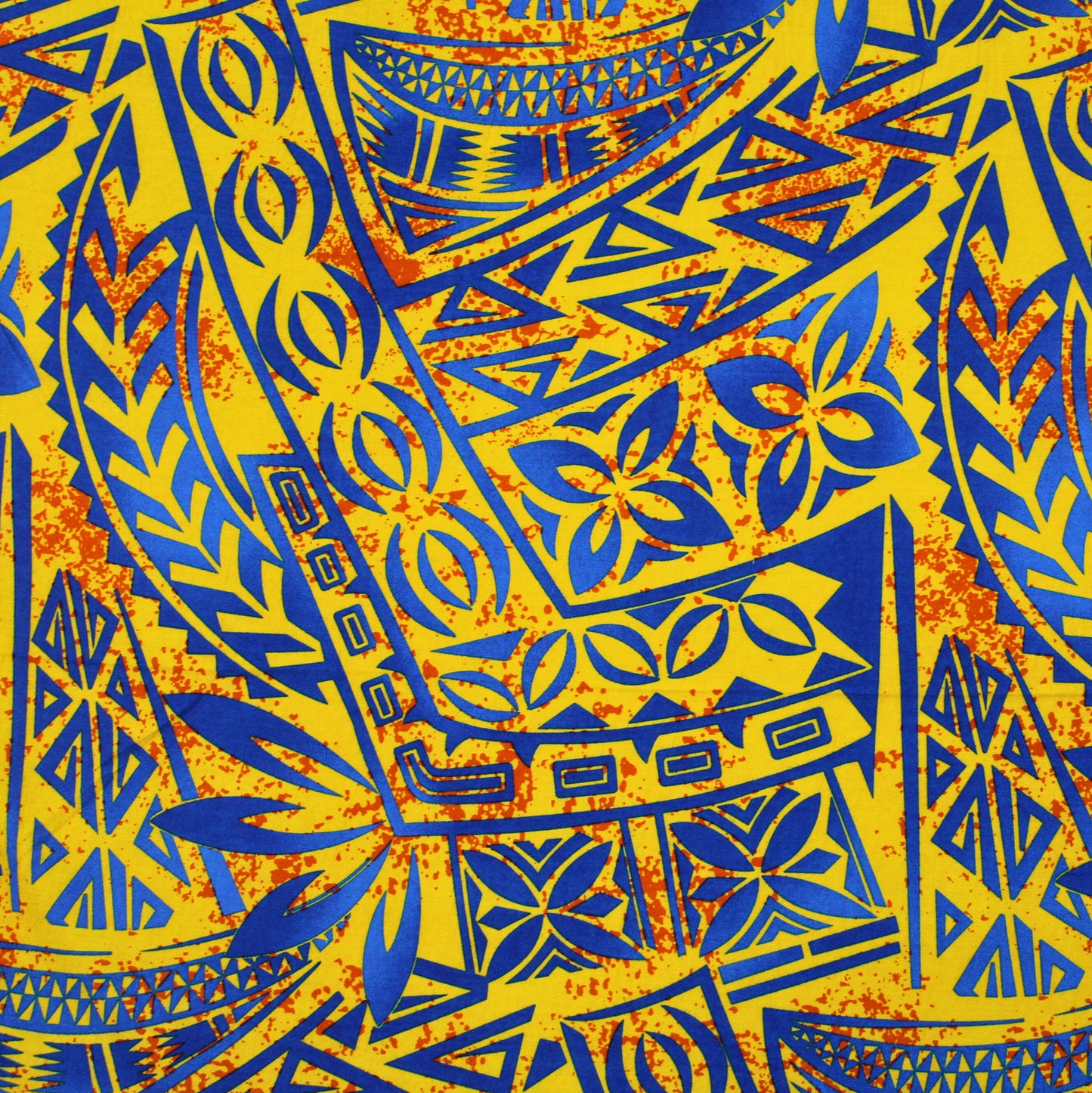 Samoan Rayon Print Fabric - Polynesian Design Seamless Pattern (Blue and Orange on Yellow) 44"x36"