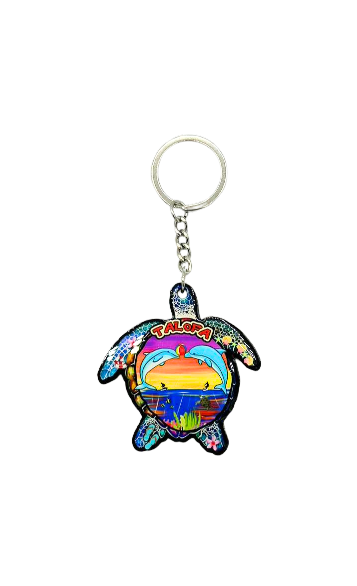 Island Style turtle shape key chain, two dolphin & surfer design