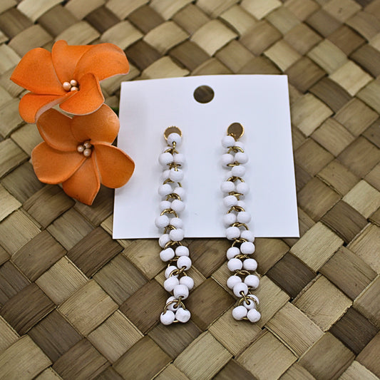 Wooden Beaded Long Drop Earrings with Studs -Authentic Samoan/ Polynesian White Earrings