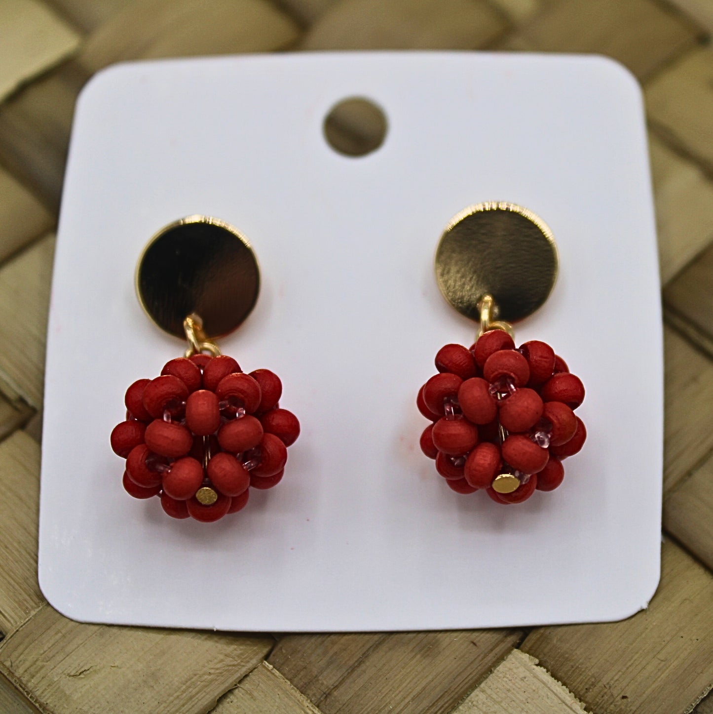 Red Beaded Round Stud Drop Earrings-Authentic Samoan/Polynesian Earrings