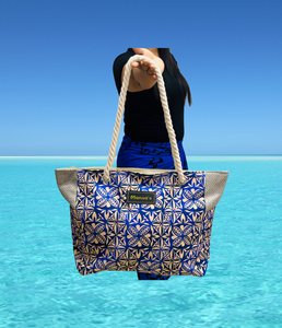 Samoan Design Tote Bag - Blue & Cream