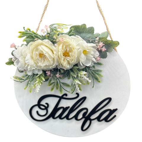 "Talofa" Door Hanger - White painted wood with white flower design