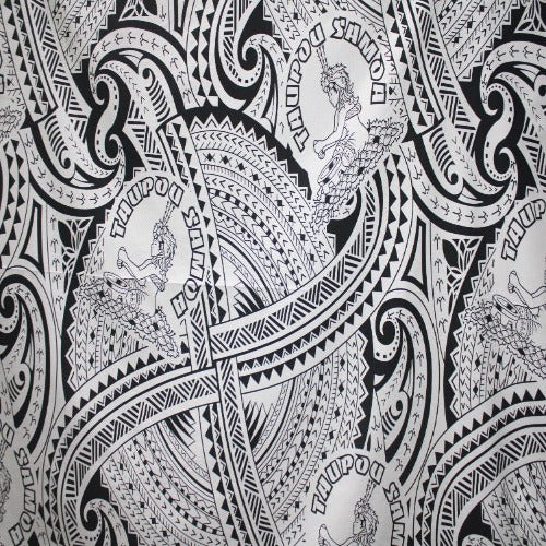 Samoan Design Cotton Print Fabric- White & black Taupou Samoa -44"x36"