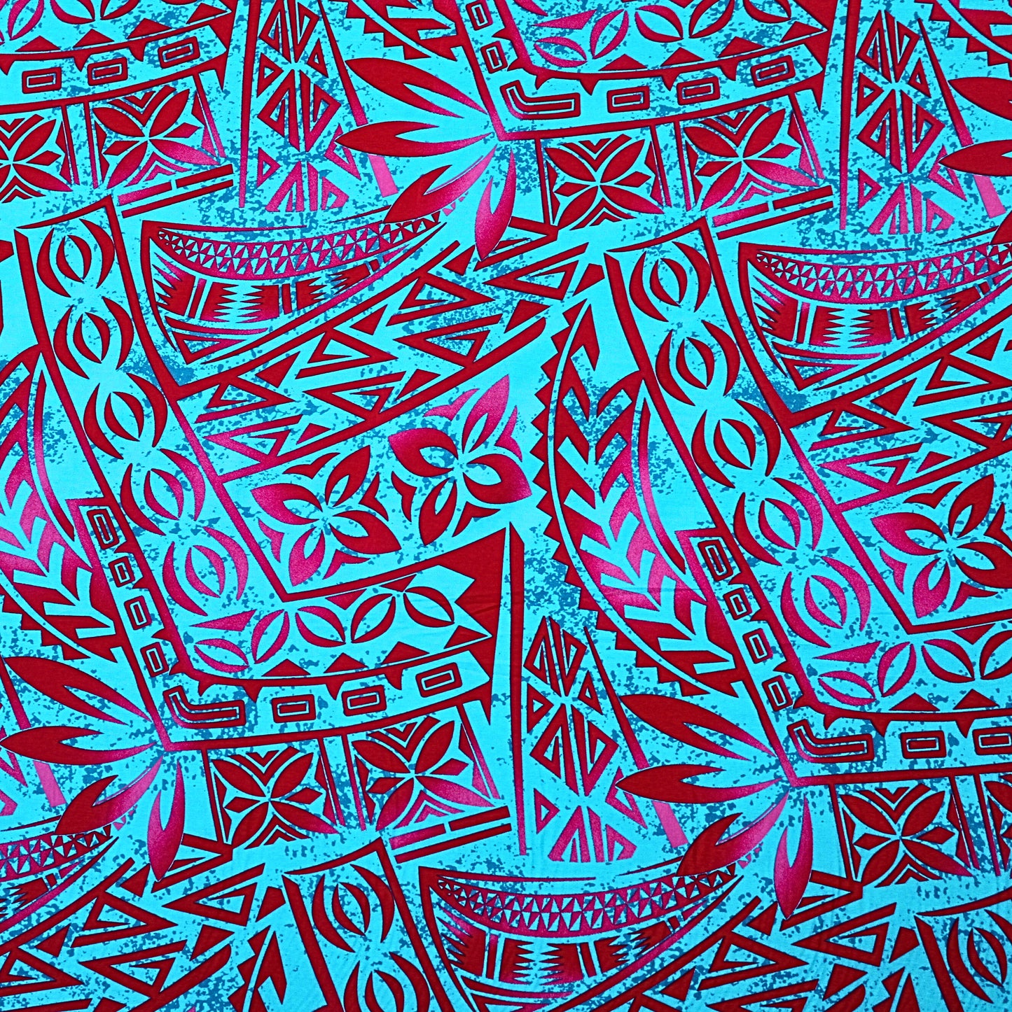 Samoan Rayon Print Fabric - Polynesian Design Seamless Pattern (Pink and Red on Blue) 44"x36"