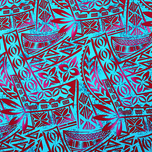 Samoan Rayon Print Fabric - Polynesian Design Seamless Pattern (Pink and Red on Blue) 44"x36"