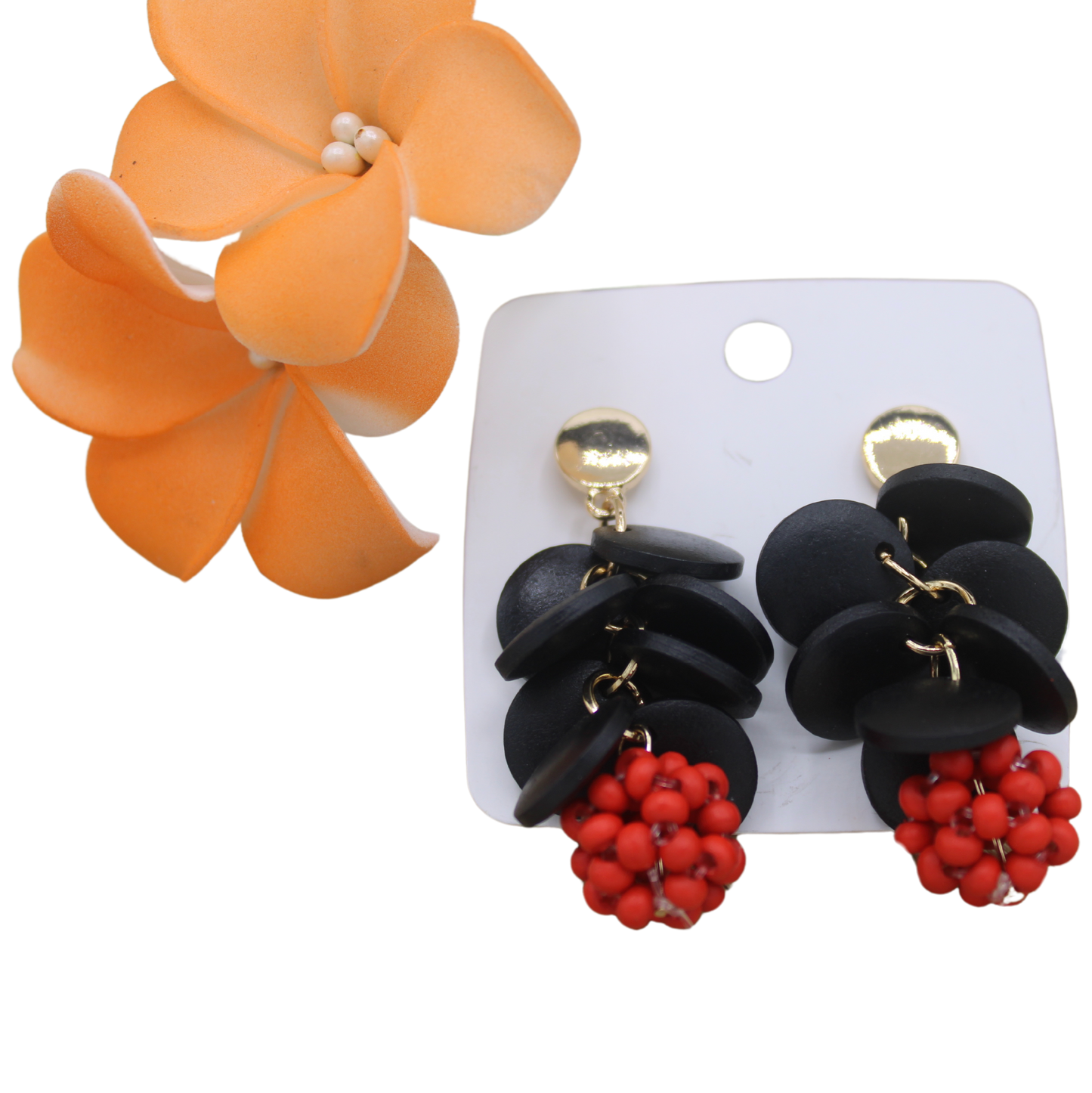 Round Black Ethnic Style Earrings with Red Beads - Authentic Samoan/Polynesian Stud Drop Earrings