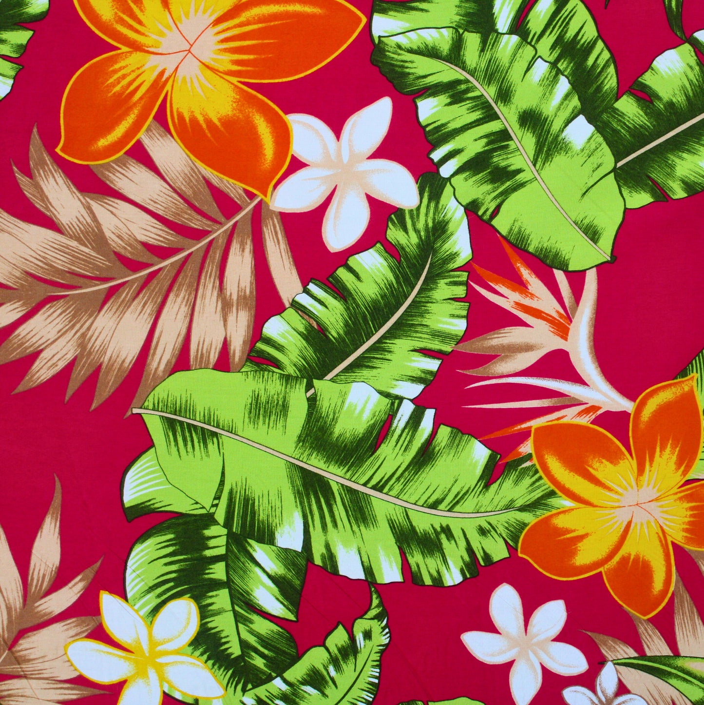 Samoan Rayon Print Fabrics - Tropical Seamless Pattern with Leaves and Flowers on Hot Pink (44"x36")