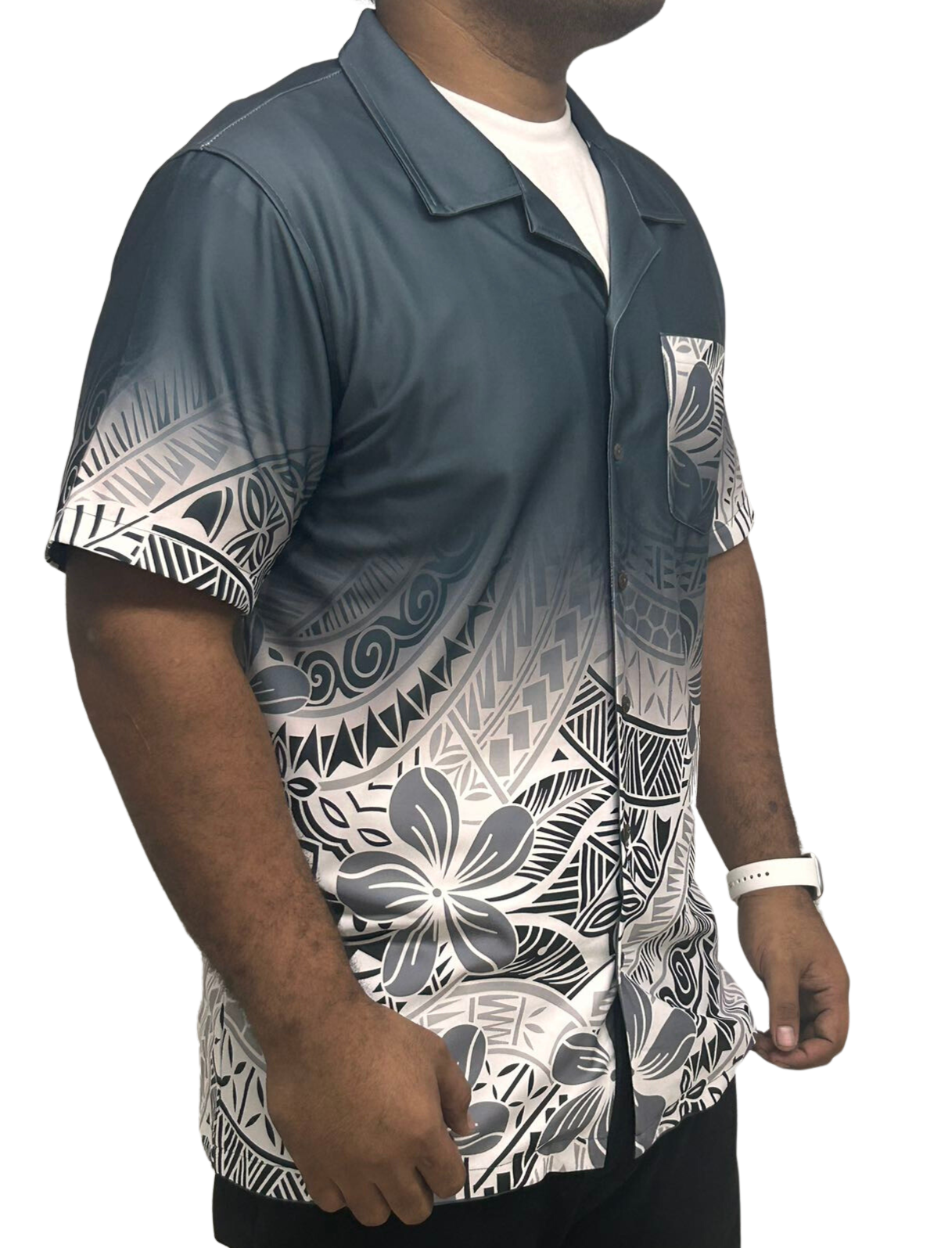 Gray & White Polynesian Shirt Short Sleeve