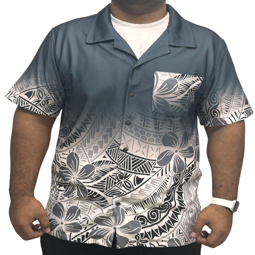 Gray & White Polynesian Shirt Short Sleeve