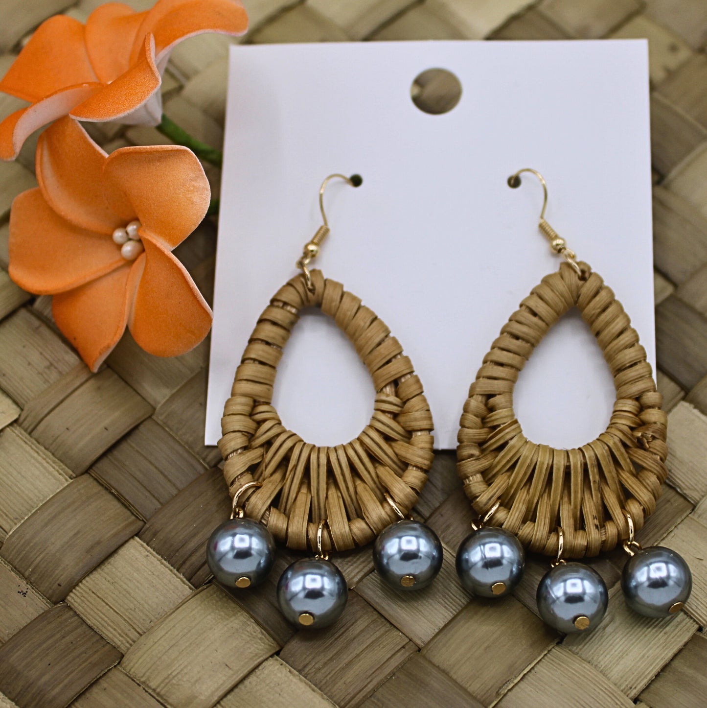 Rattan Teardrop Earrings with Gray Pearls-Authentic Samoan/Polynesian Earrings