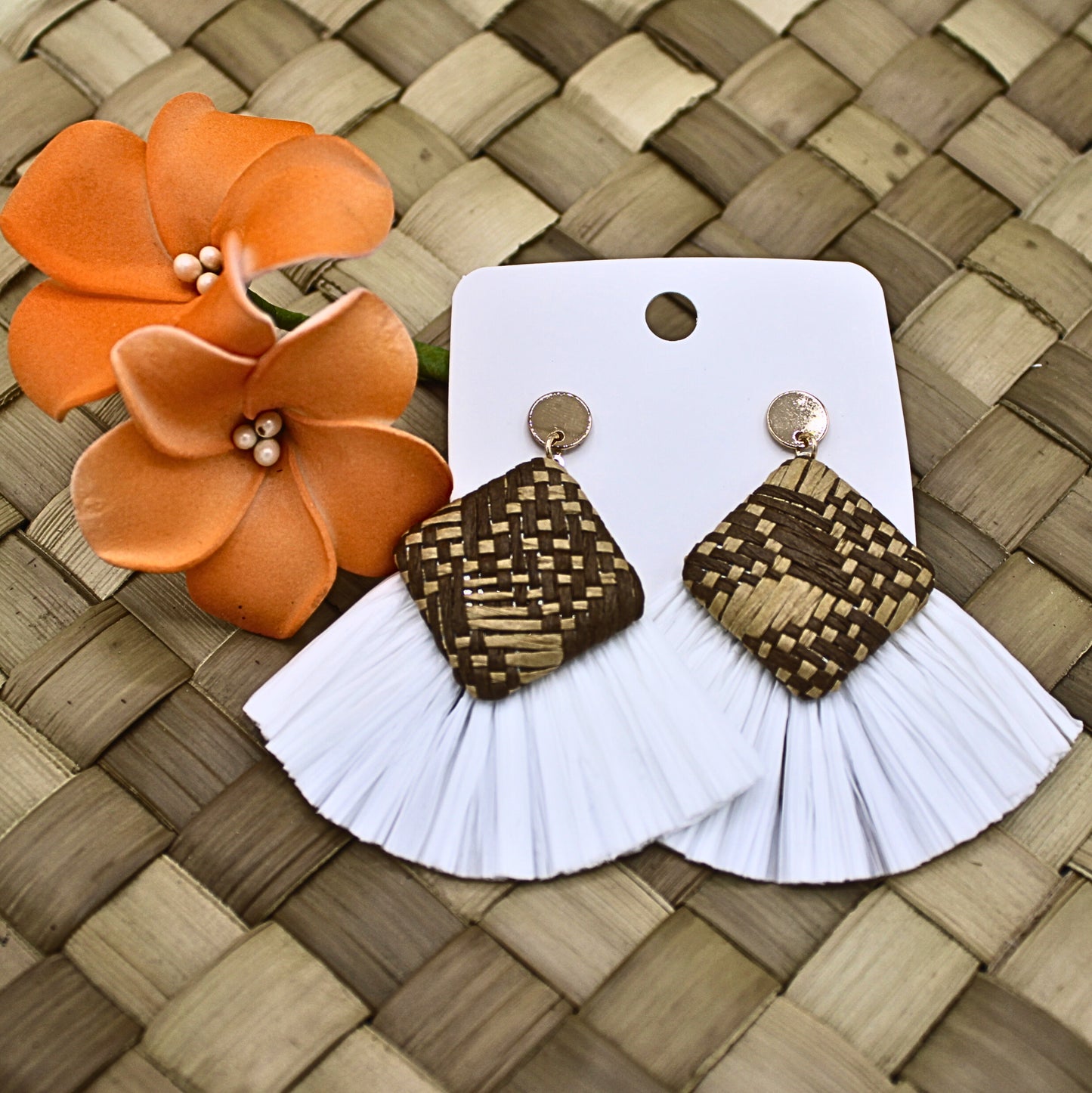 Rattan White Tassel Stud Drop  Earrings-Authentic Samoan/Polynesian Earrings