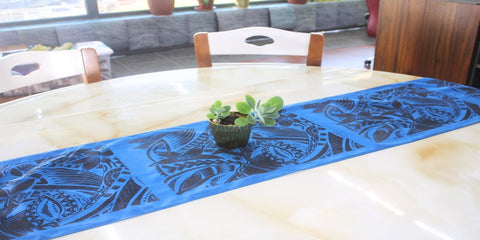Polynesian Tribal in Black &amp; Blue Table Runner, Polynesian Table Runner, Island Table Decoration, Artistic Design.