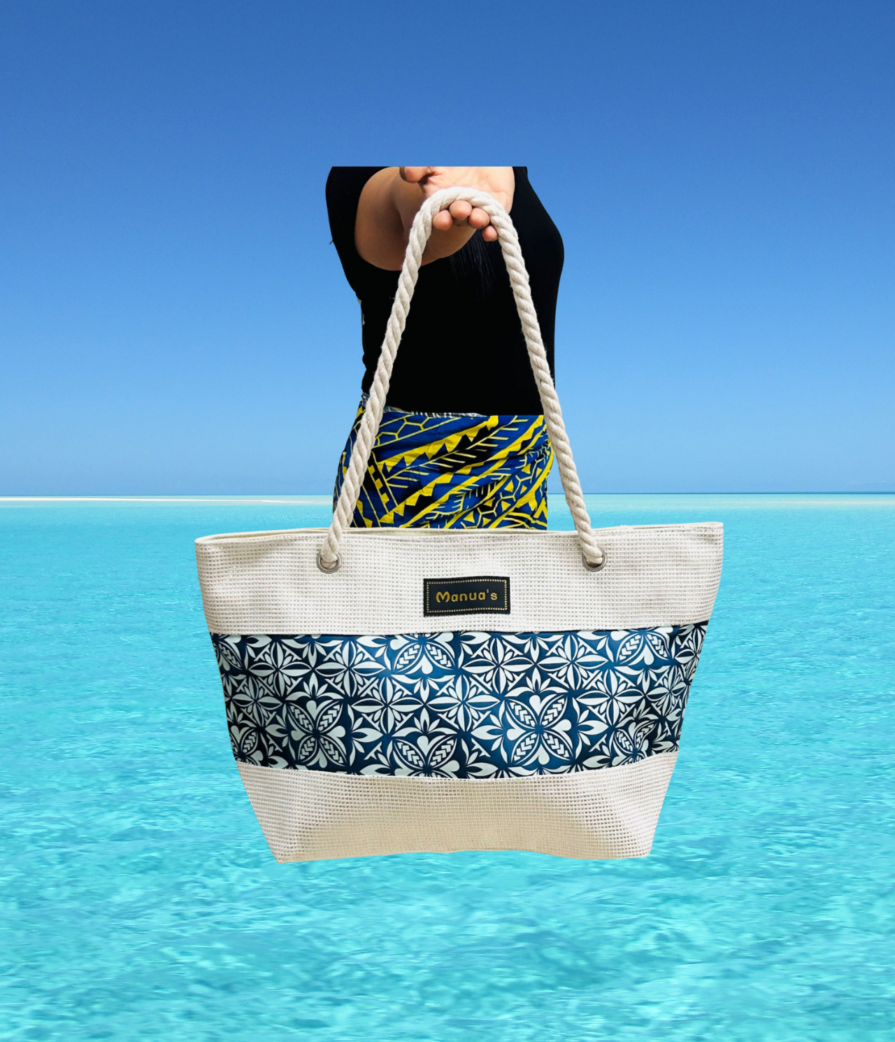 Samoan Design Tote Bag - Cream & Teal