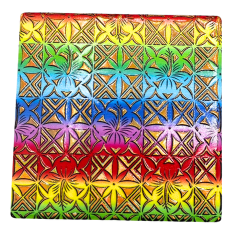Ceramic coaster with hibiscus design, multi-color.