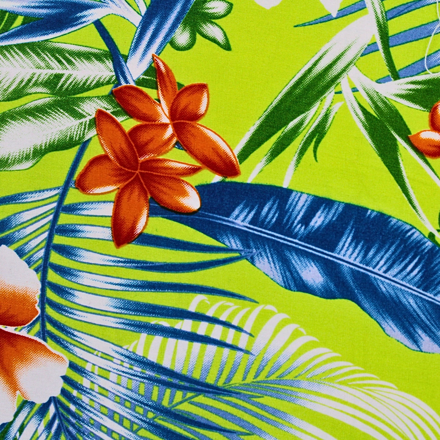 Samoan Rayon Print Fabric - Tropical Seamless Pattern with Leaves and Flowers on Light Green