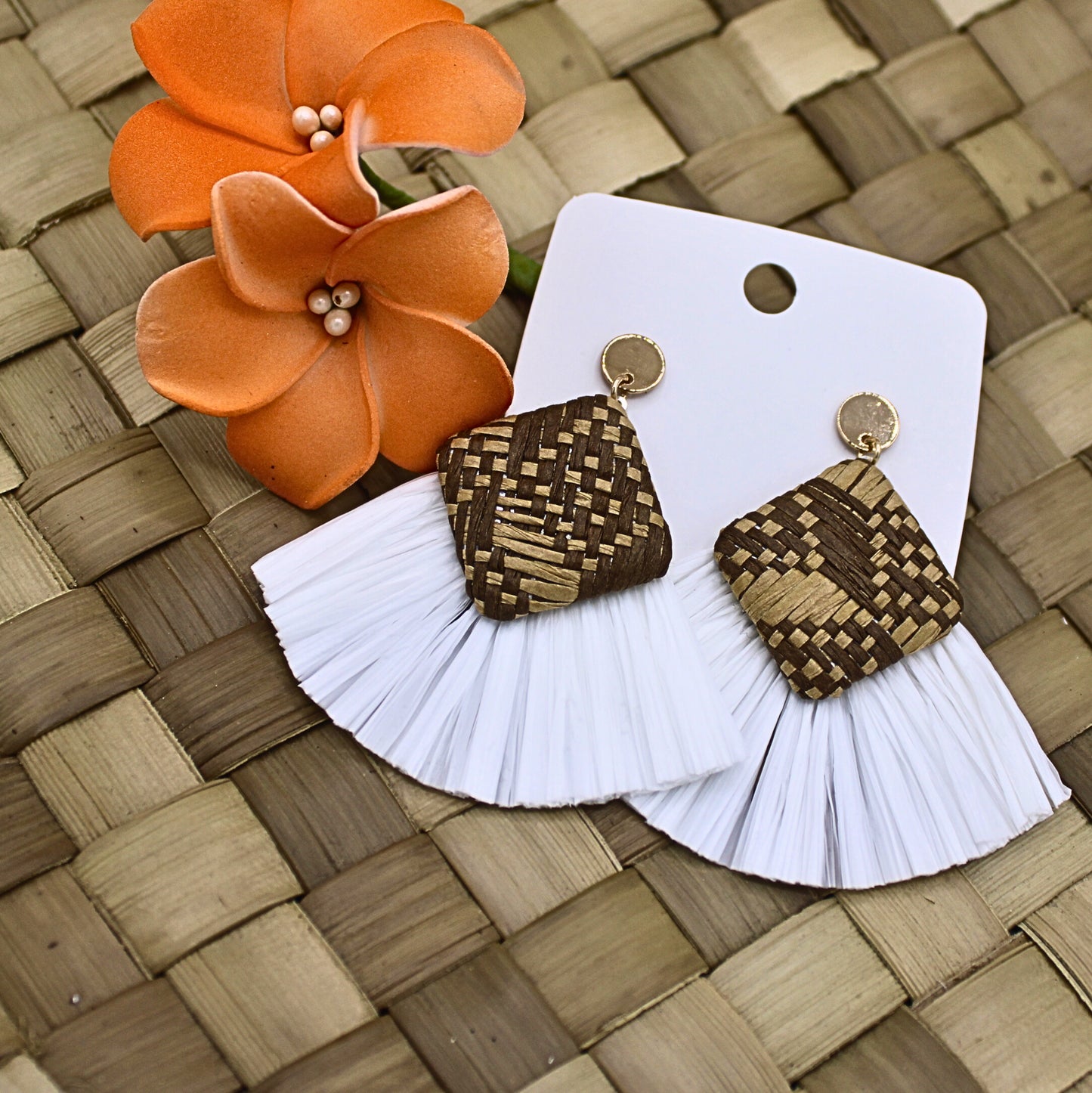 Rattan White Tassel Stud Drop  Earrings-Authentic Samoan/Polynesian Earrings