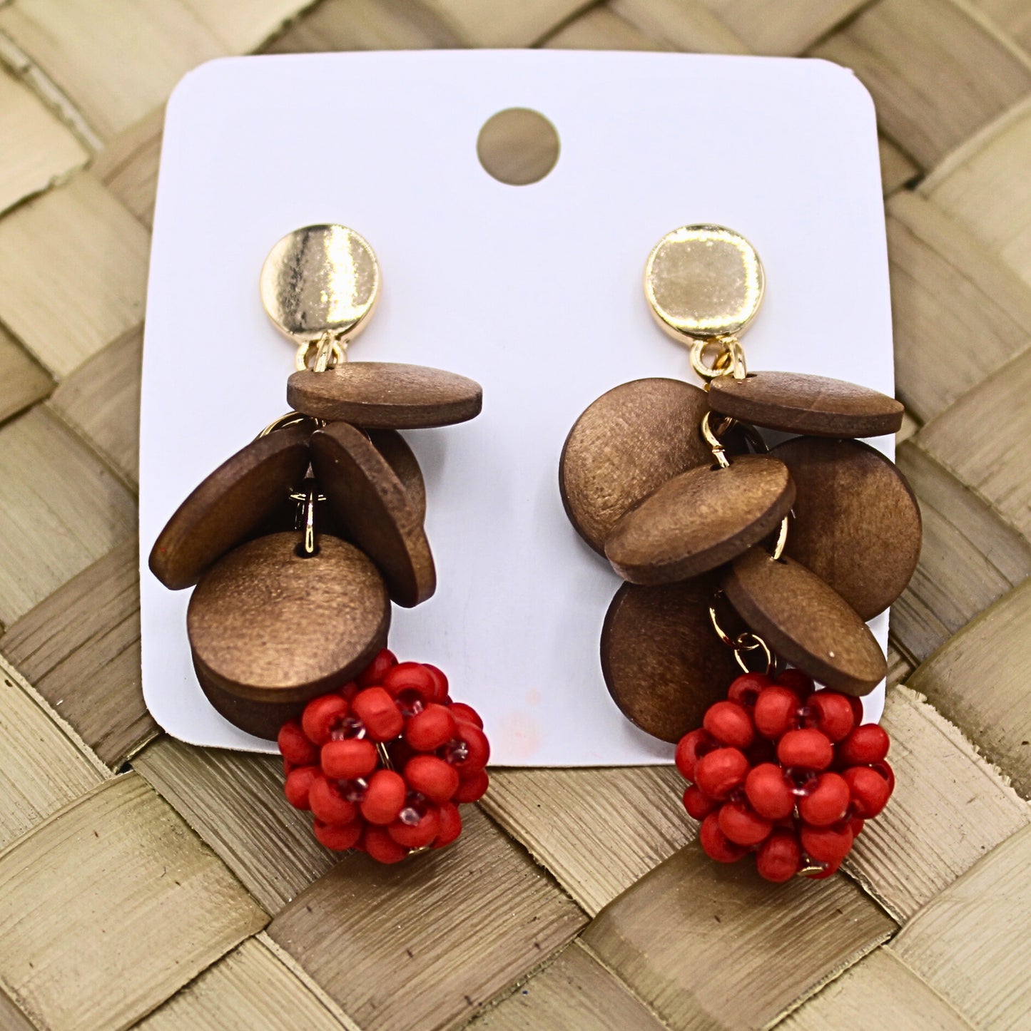 Round Wooden Ethnic Style Earrings with Red Beads - Authentic Samoan/ Polynesian Earrings