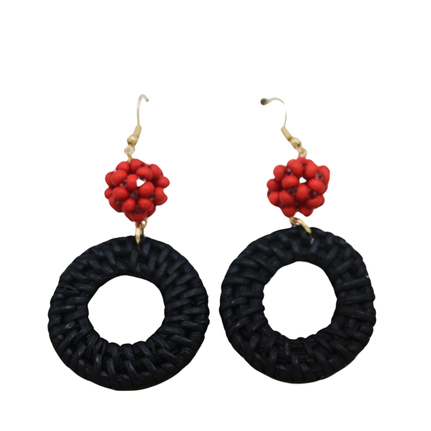 Black Rattan Dangle Earrings with Red Beads-Authentic Samoan/Polynesian Earrings