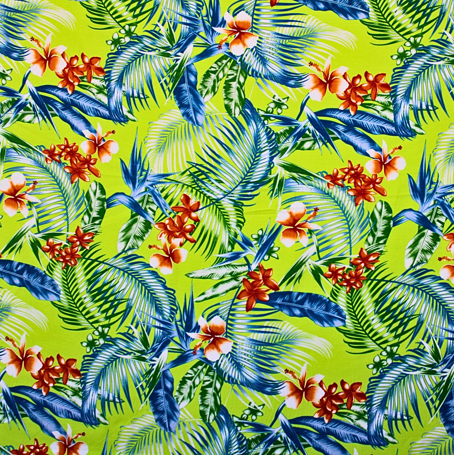 Samoan Rayon Print Fabric - Tropical Seamless Pattern with Leaves and Flowers on Light Green