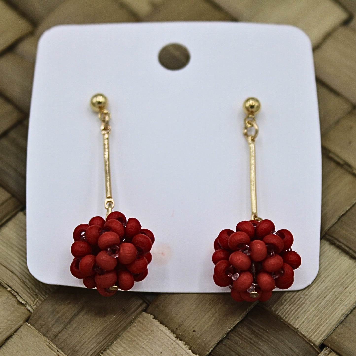 Wooden Beaded Red Round Drop Earrings - Authentic Samoan/Polynesian Earrings