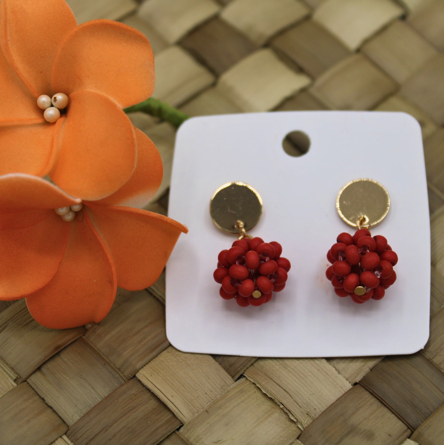 Red Beaded Round Stud Drop Earrings-Authentic Samoan/Polynesian Earrings