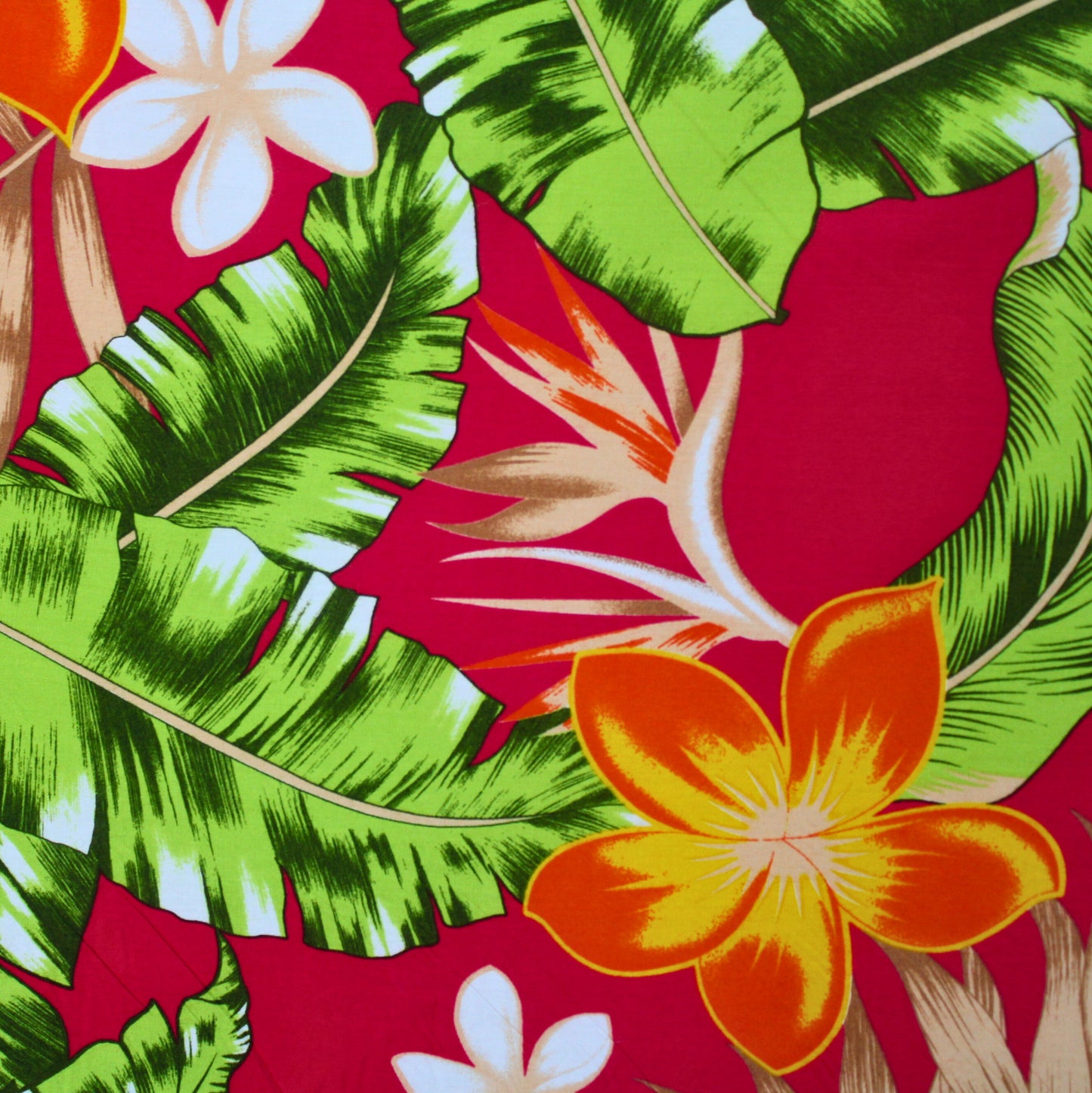 Samoan Rayon Print Fabrics - Tropical Seamless Pattern with Leaves and Flowers on Hot Pink (44"x36")