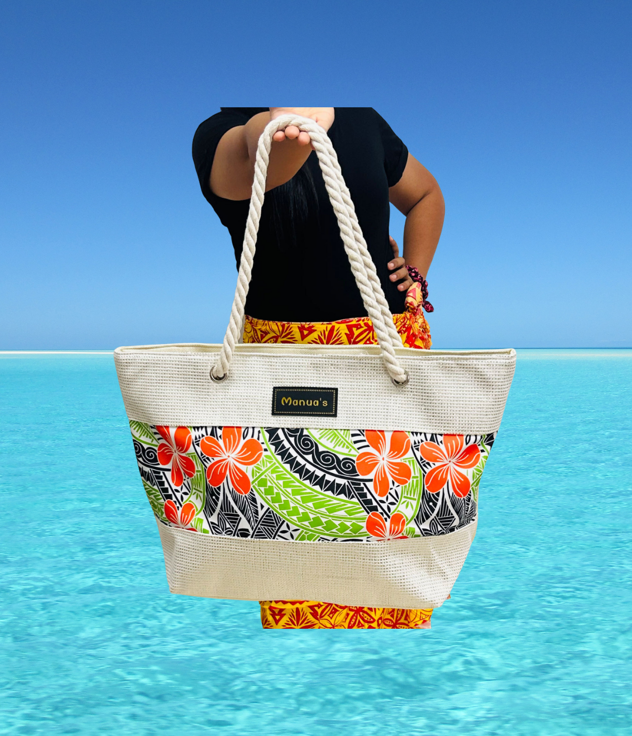 Samoan Design Tote Bag - Neon Green & Orange