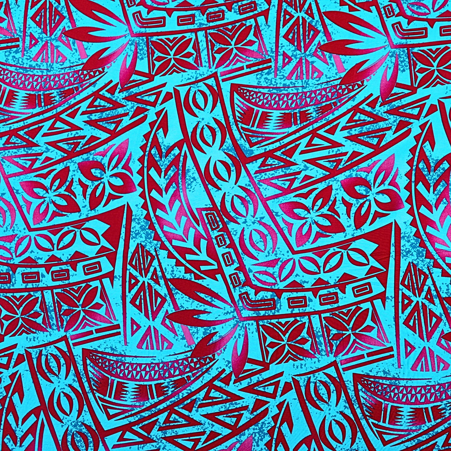 Samoan Rayon Print Fabric - Polynesian Design Seamless Pattern (Pink and Red on Blue) 44"x36"