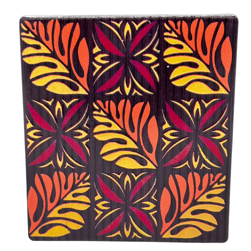 Ceramic coaster with leaves design, maroon and gold.