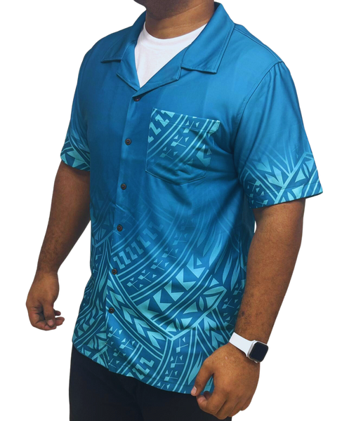 Turquoise Short Sleeve Shirt Polynesian Design