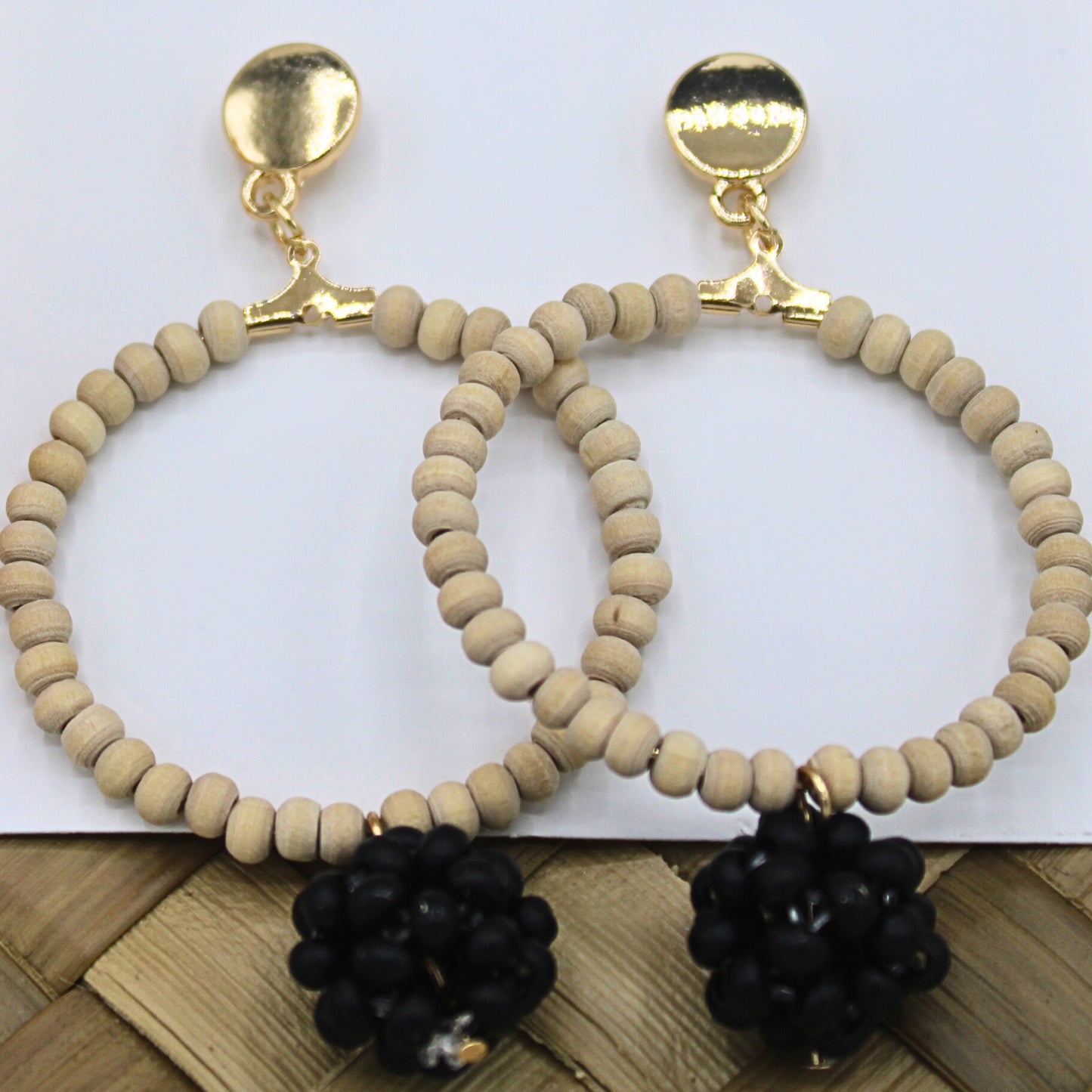 Wood Beaded Drop Earrings with Black Round Beads-Authentic Samoan/Polynesian Earrings-