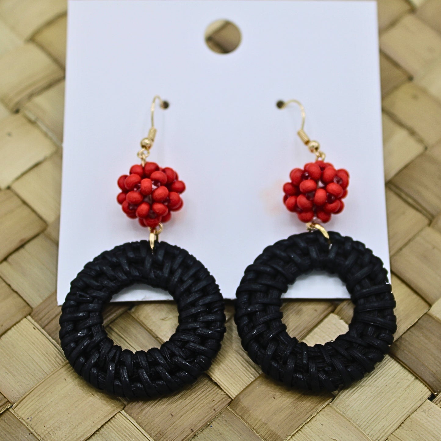 Black Rattan Dangle Earrings with Red Beads-Authentic Samoan/Polynesian Earrings