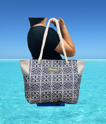 Samoan Design Tote Bag - Navy Blue & Silver