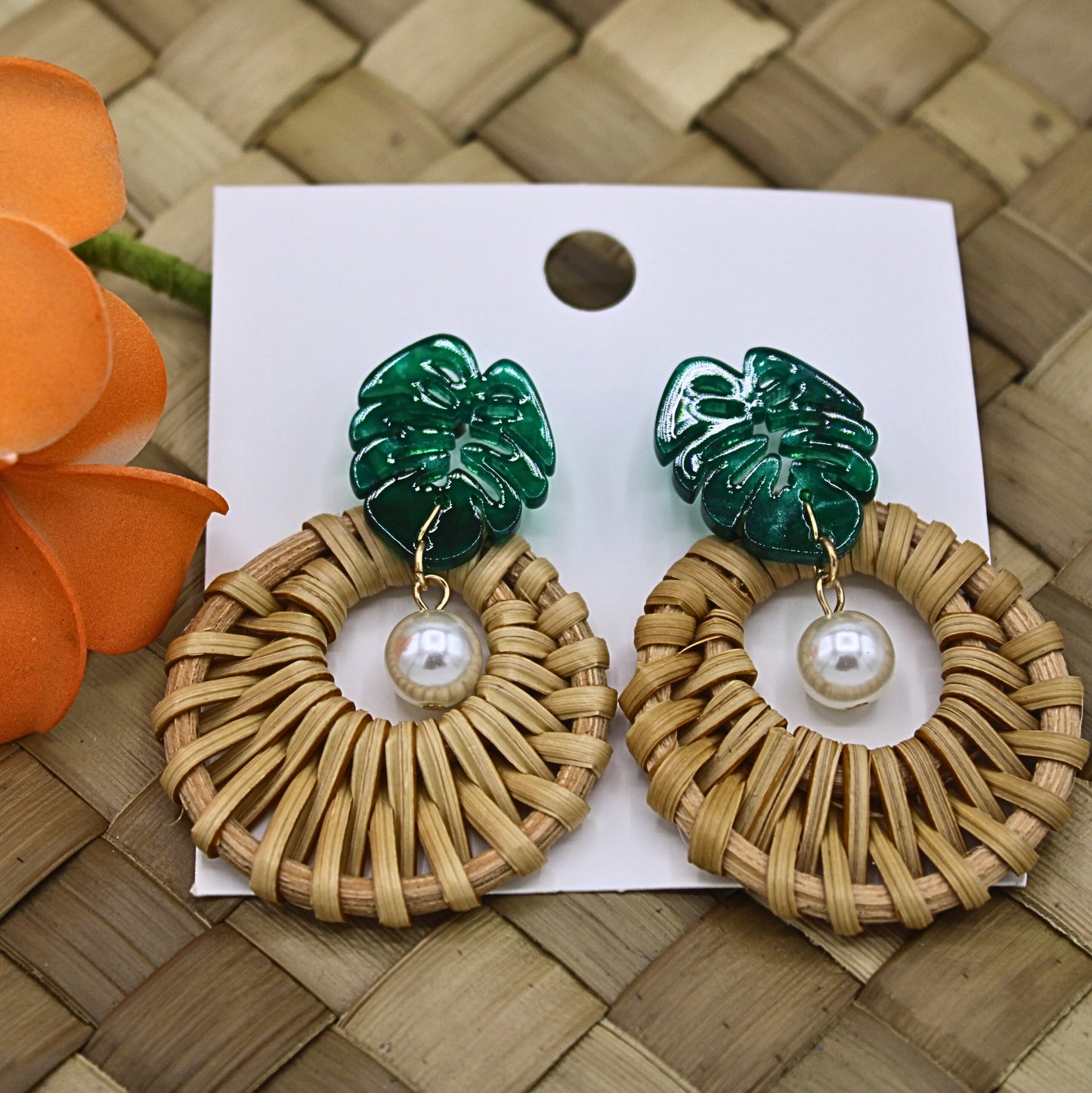 Woven Rattan Earrings with Monstera Leaf and White Pearl-Authentic Samoan/Polynesian Earrings