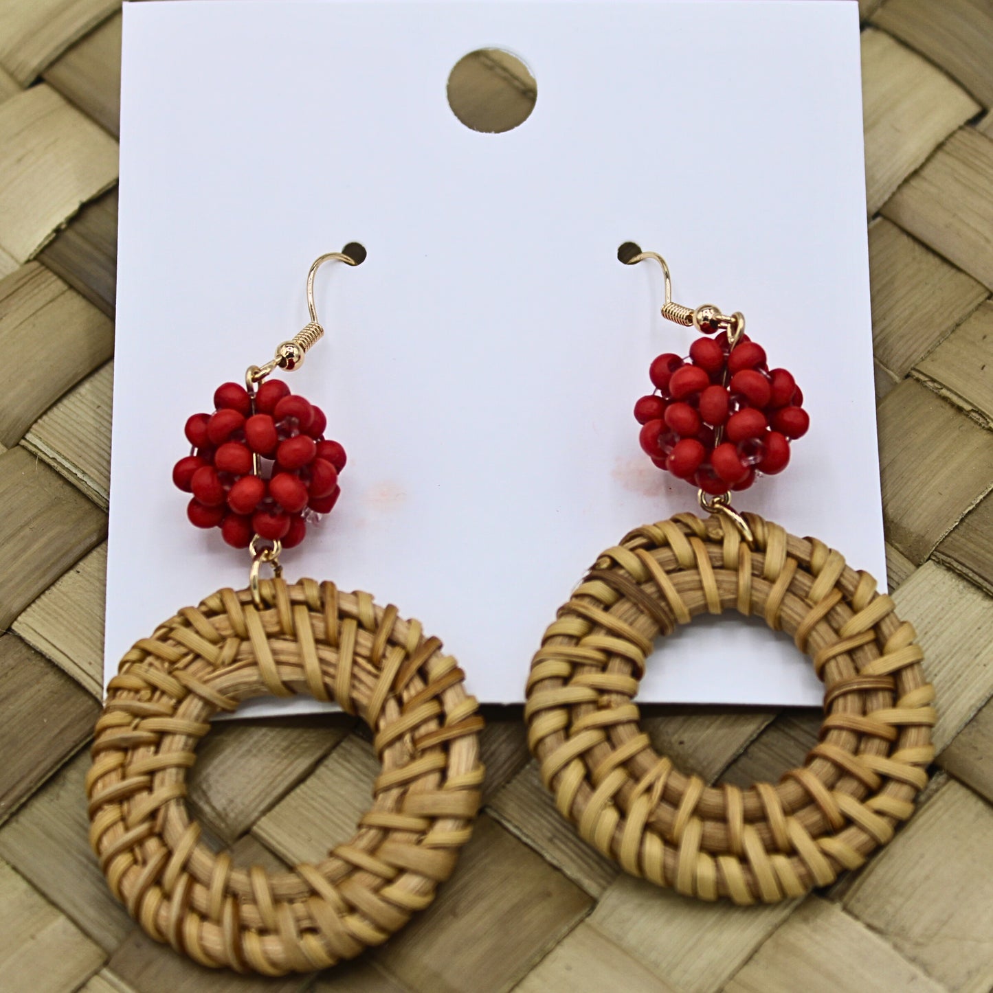 Woven Rattan Round Drop Earrings with Red Beads-Authentic Samoan/Polynesian Earrings