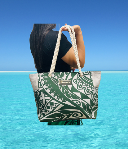 Samoan Design Tote Bag - Full Print Silver Design on Army Green