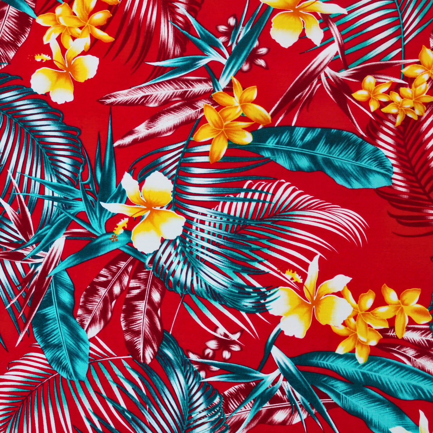 Samoan Rayon Print Fabric - Samoan Design Seamless Pattern (Teal and Yellow on Red ) 44"x36"