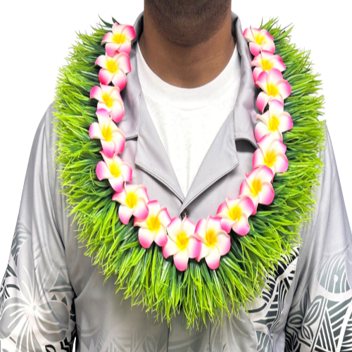 Green Grass Lei with Pink, White & Yellow Flower