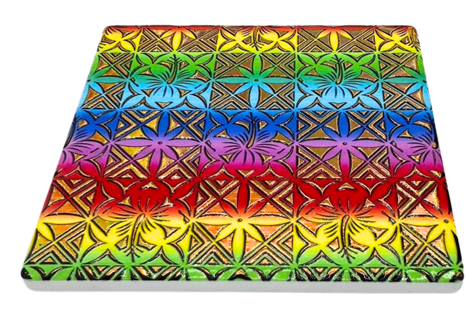 Ceramic coaster with hibiscus design, multi-color