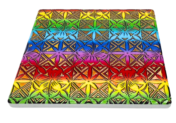 Ceramic coaster with hibiscus design, multi-color.